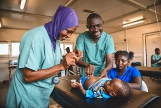 Clinical mentor Momoh Sao and nurse aide Aminata Koroma examine a six-month-old boy in the emergency room of the MSF mother and child hospital in Hangha town, Kenema district, after his mother brought him in with a high fever. Sierra Leone, 2025.